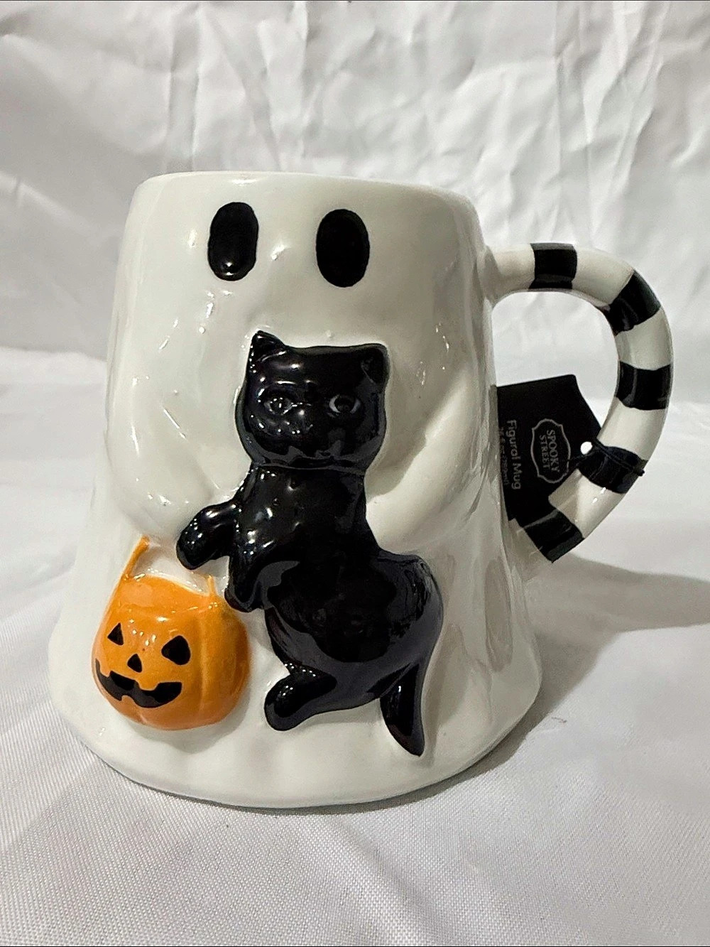 Spooky Street Ghost with Black Cat and Pumpkin Figural Mug